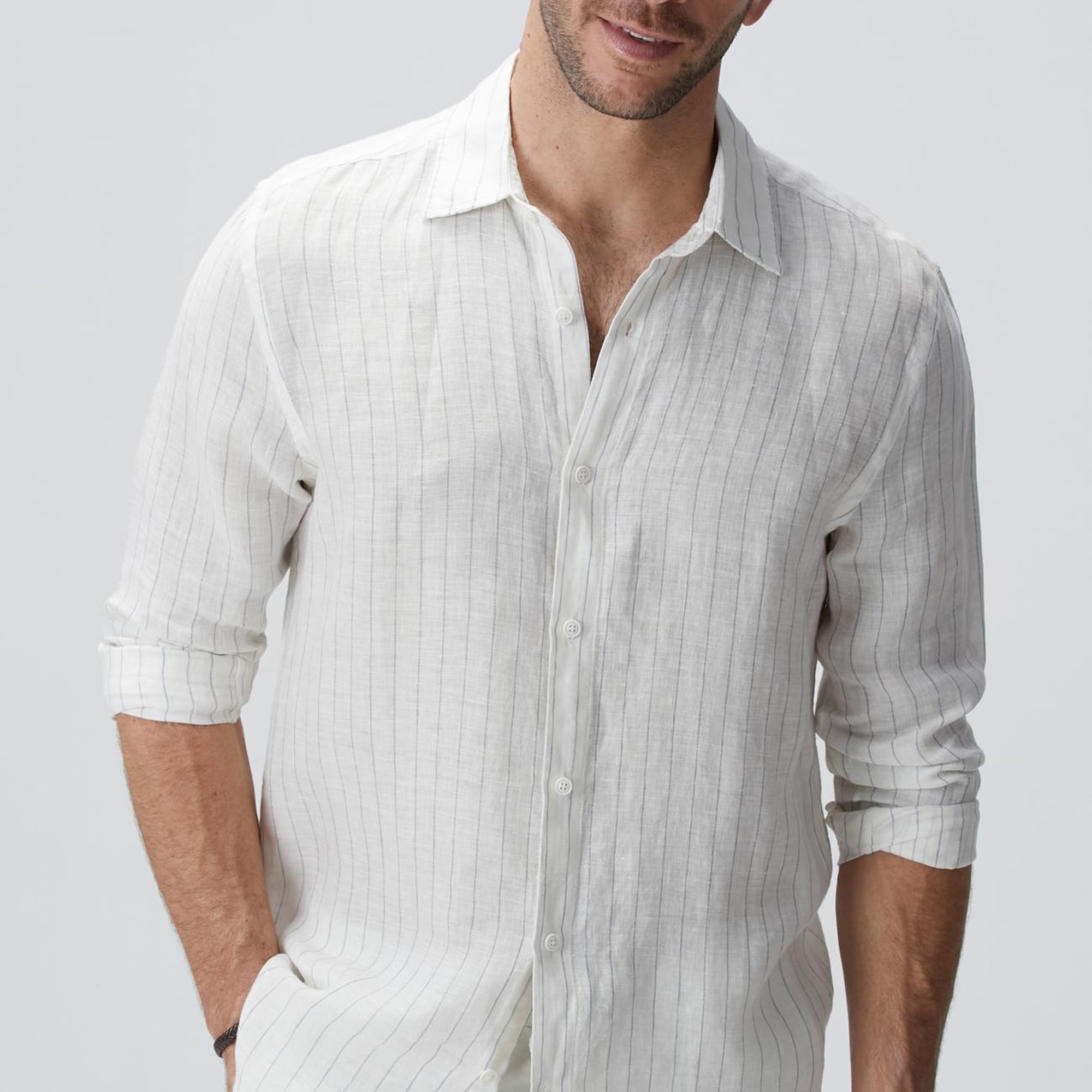 Network Erkek Beyaz Çizgi Desenli Keten Gömlek