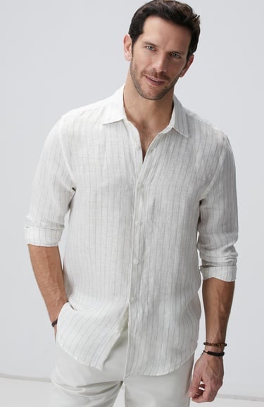 Network Erkek Beyaz Çizgi Desenli Keten Gömlek