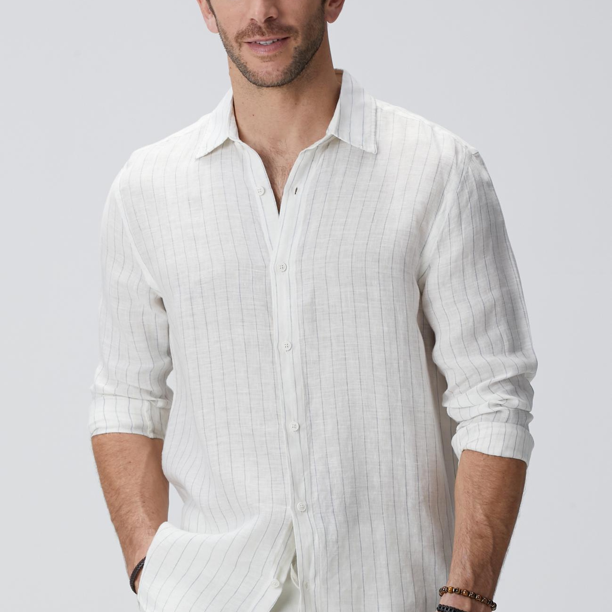 Network Erkek Beyaz Çizgi Desenli Keten Gömlek