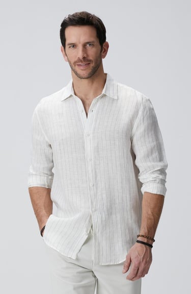  Network Erkek Beyaz Çizgi Desenli Keten Gömlek
