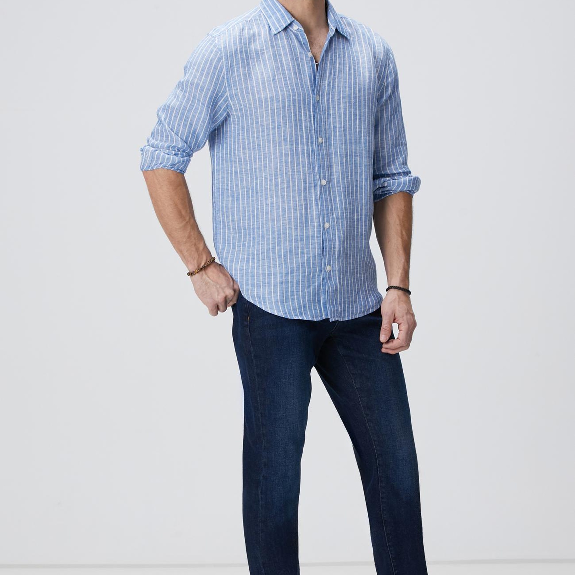 Network Erkek Mavi Çizgili Keten Gömlek