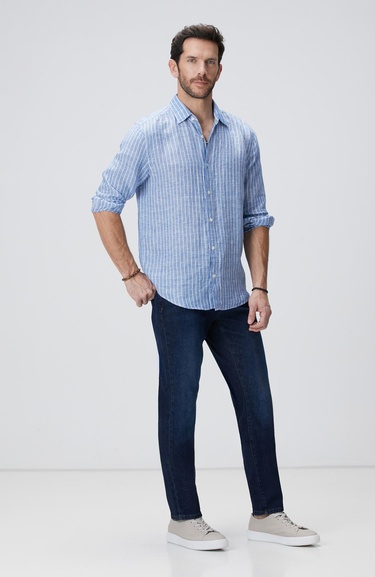  Network Erkek Mavi Çizgili Keten Gömlek