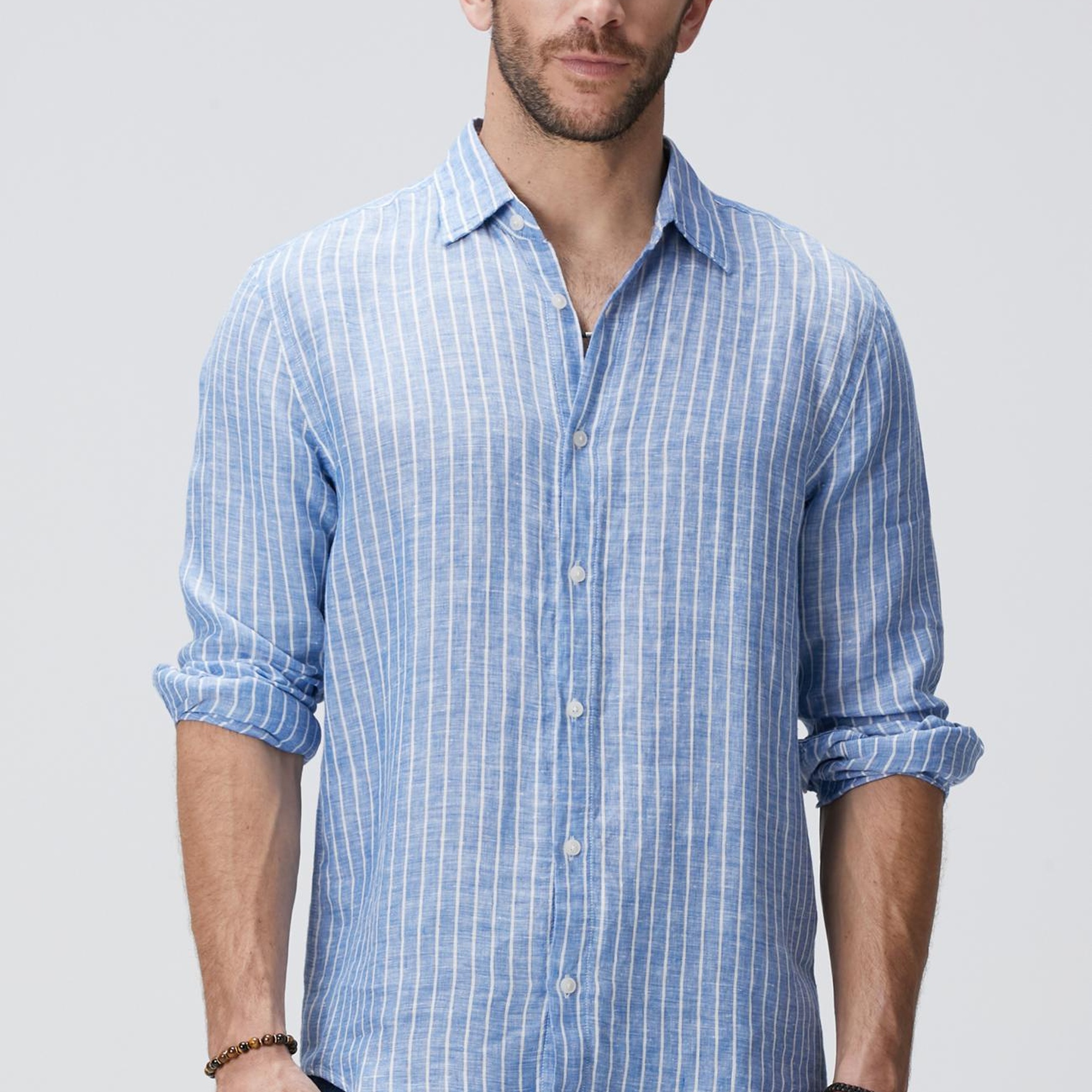 Network Erkek Mavi Çizgili Keten Gömlek