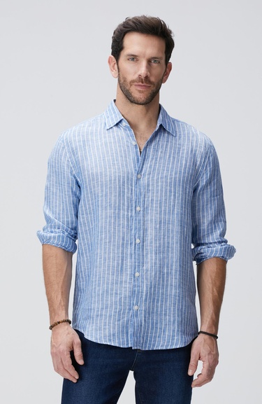  Network Erkek Mavi Çizgili Keten Gömlek