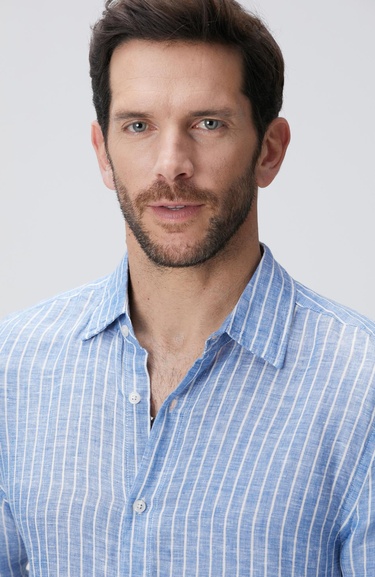  Network Erkek Mavi Çizgili Keten Gömlek