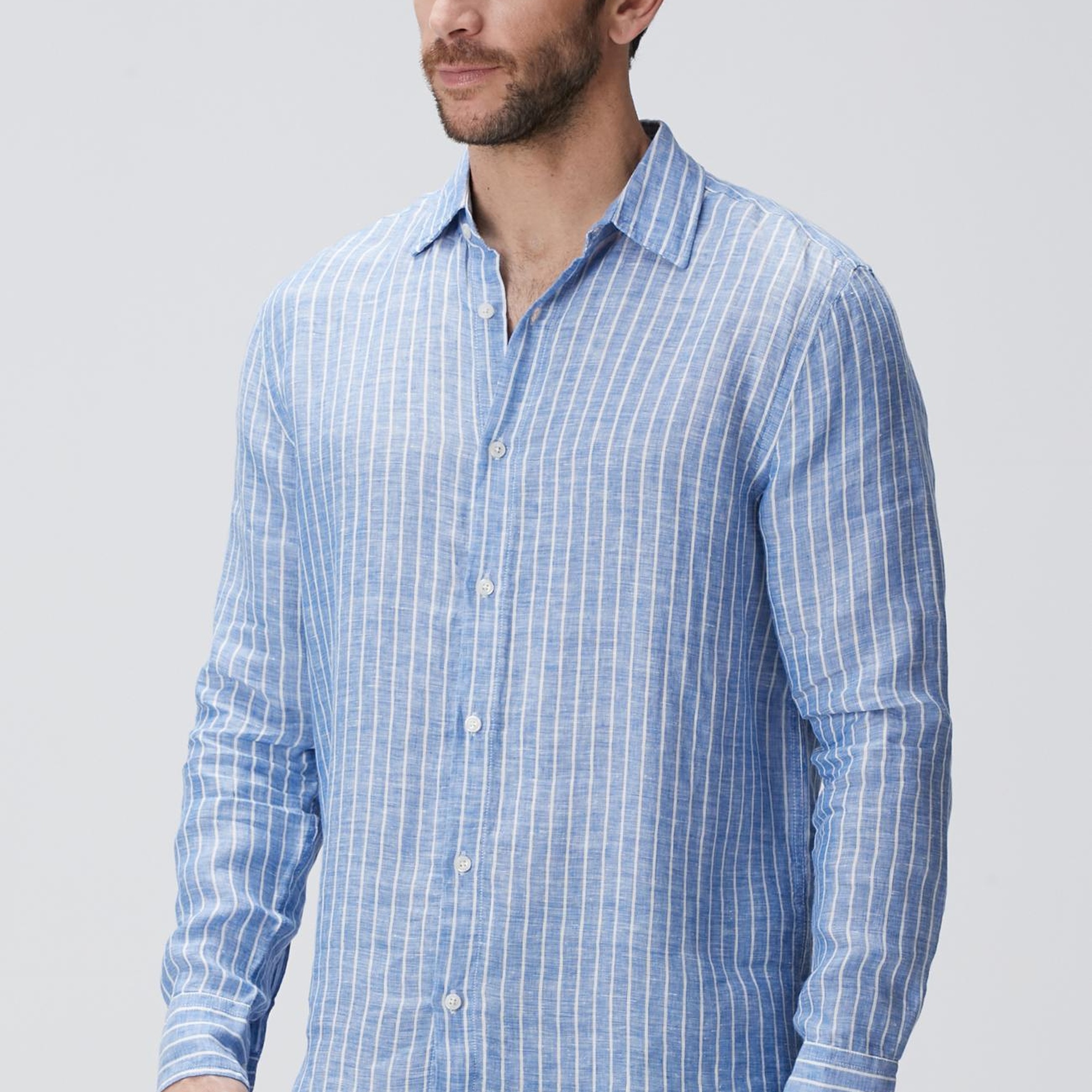 Network Erkek Mavi Çizgili Keten Gömlek