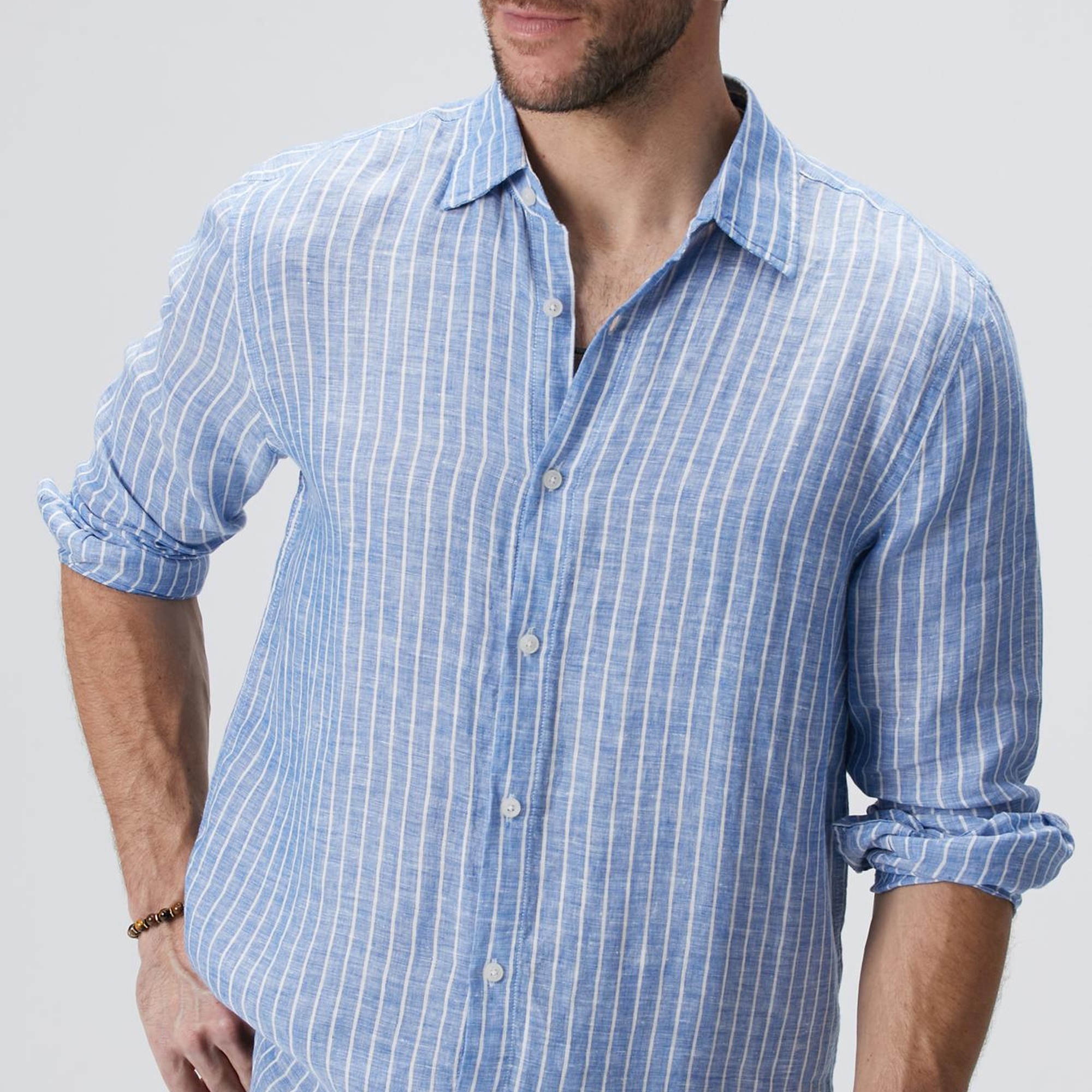 Network Erkek Mavi Çizgili Keten Gömlek