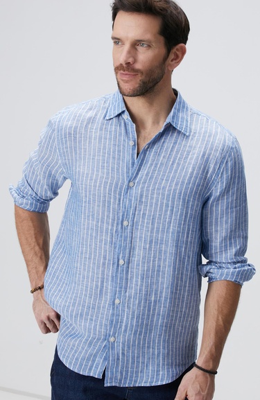  Network Erkek Mavi Çizgili Keten Gömlek