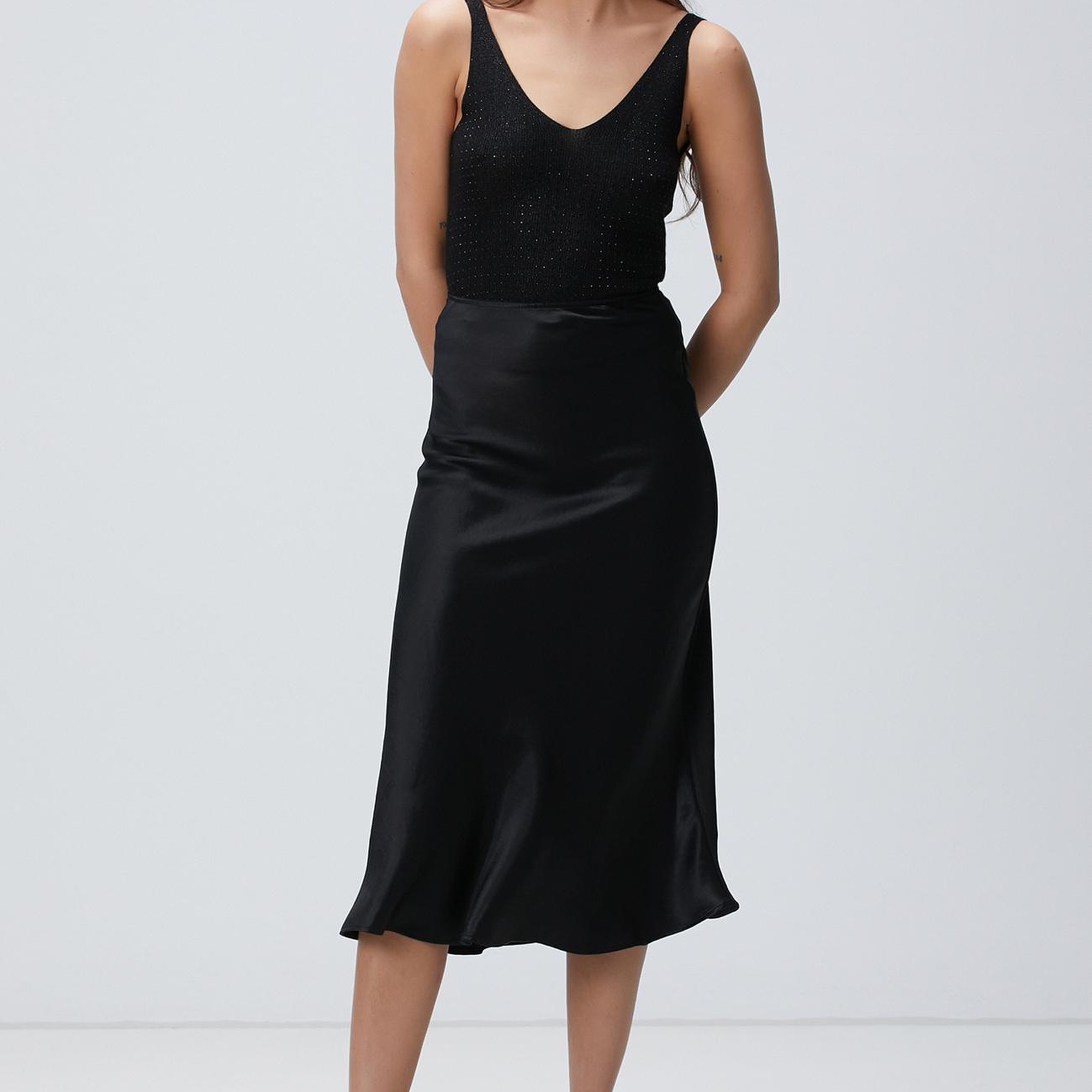 Network Kadın Siyah Saten Etek
