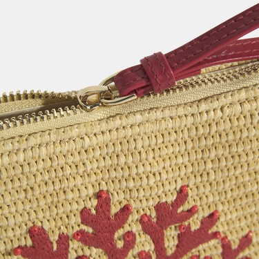  Kırmızı Mercan Nakışlı Hasır Clutch