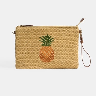  Kadın Taba Ananas Nakışlı Hasır Clutch