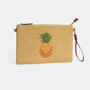  Kadın Taba Ananas Nakışlı Hasır Clutch