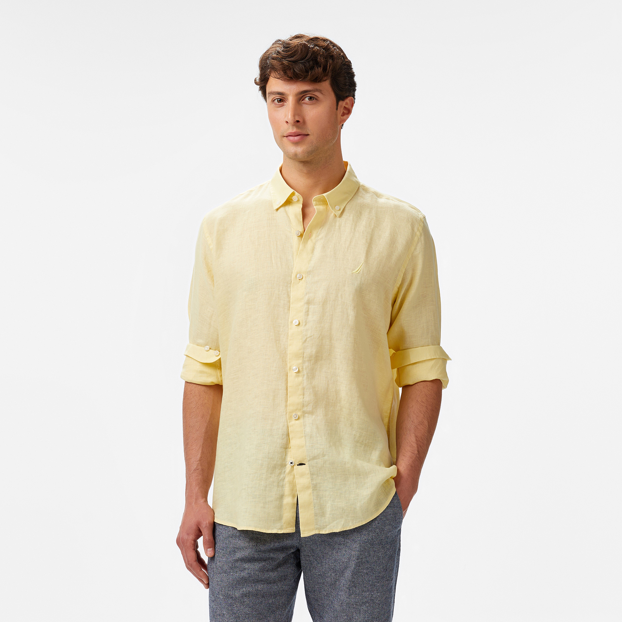  Nautica Erkek Sarı Classic Fit Keten Gömlek
