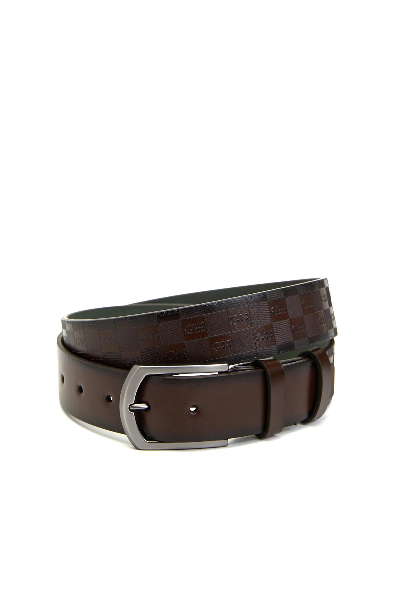  George Hogg Erkek Kahverengi Logo Desenli Deri Kemer