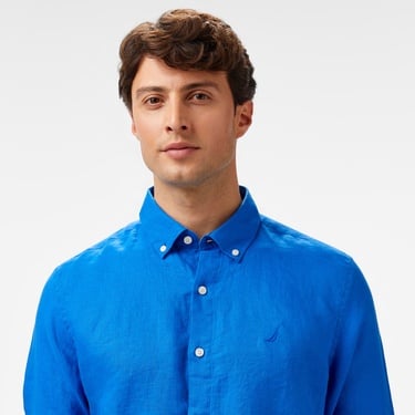  Nautica Erkek Mavi Classic Fit Keten Gömlek
