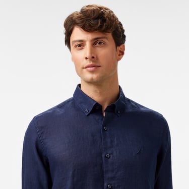  Nautica Erkek Lacivert Classic Fit Keten Gömlek