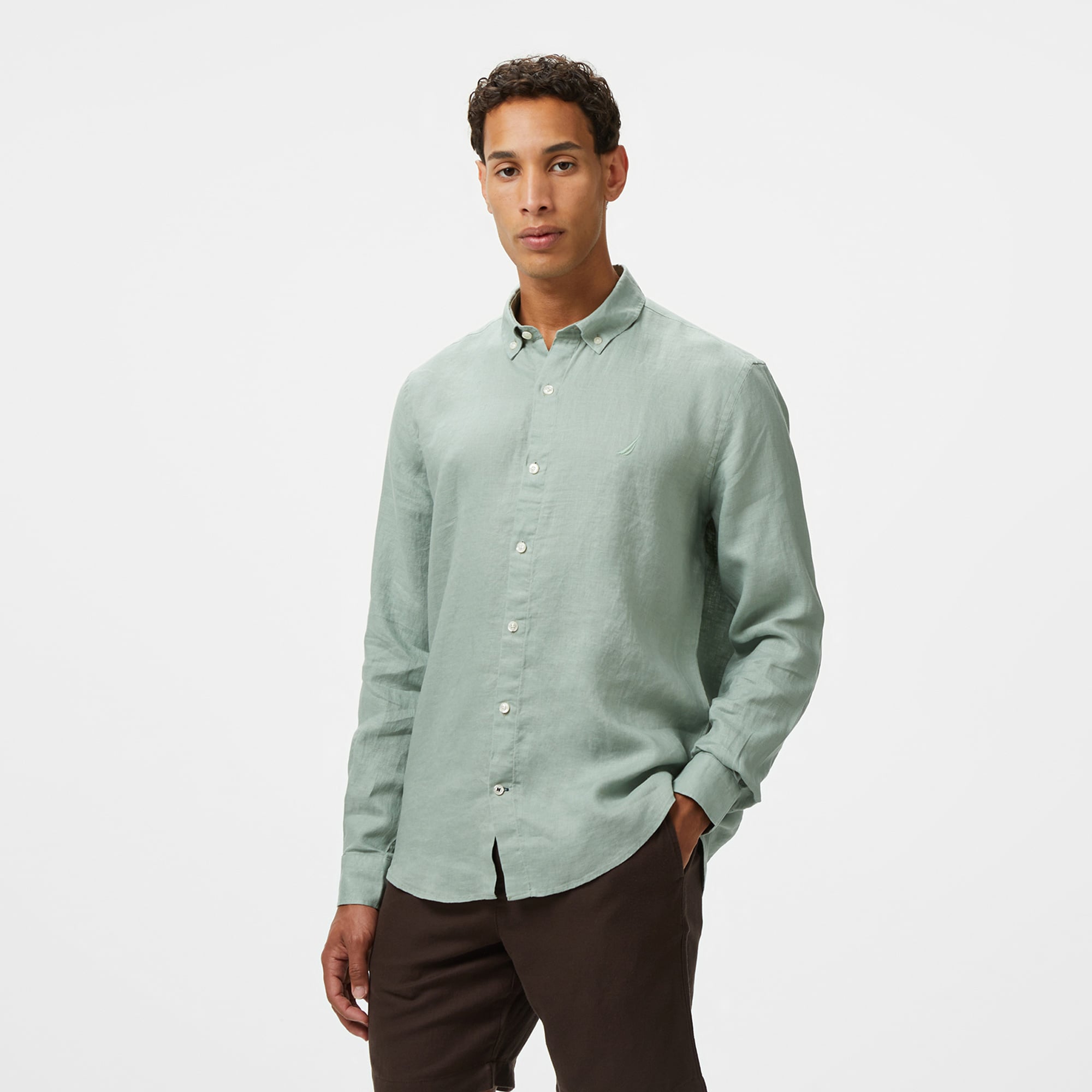  Nautica Erkek Yeşil Classic Fit Keten Gömlek