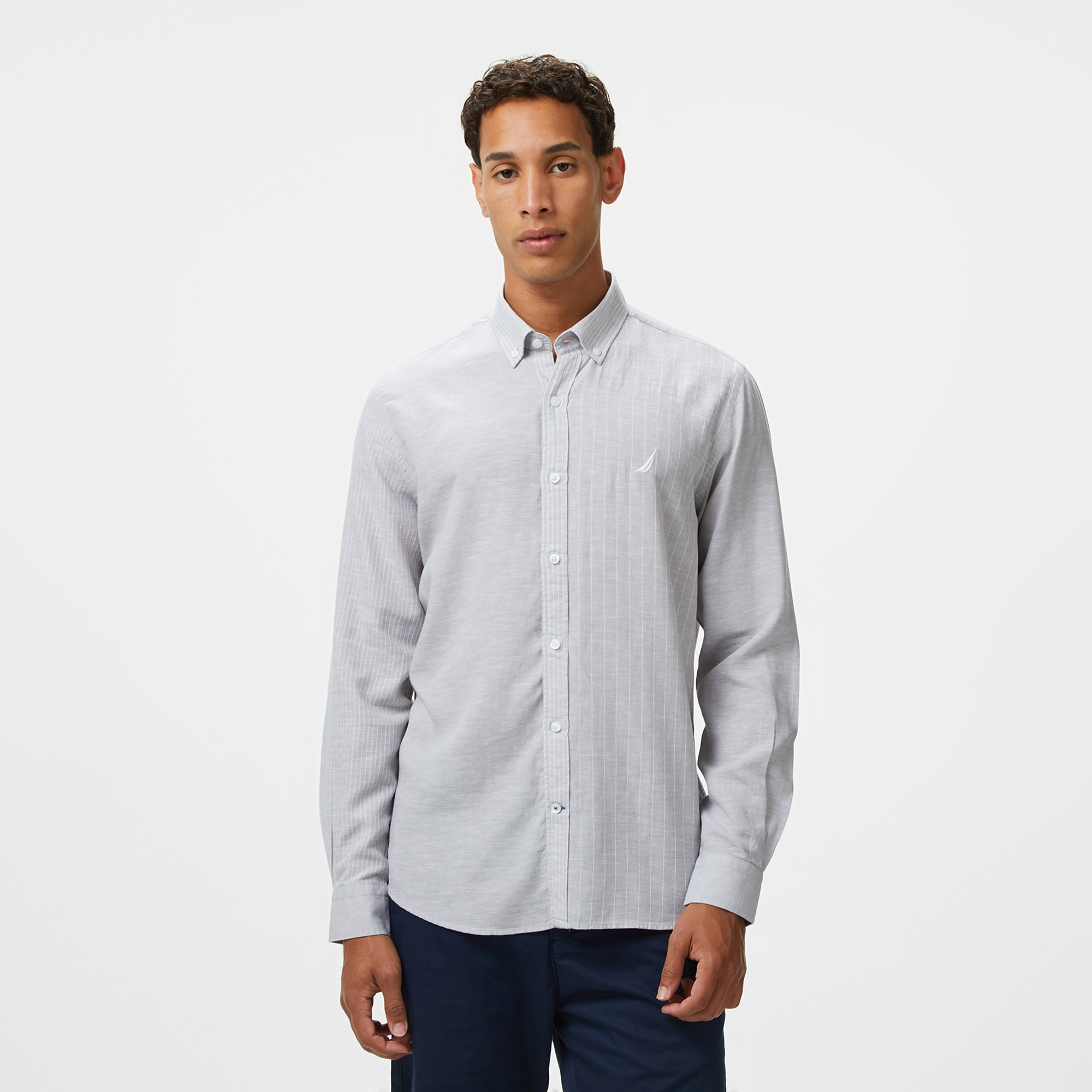 Nautica Erkek Gri Classic Fit Çizgili Gömlek