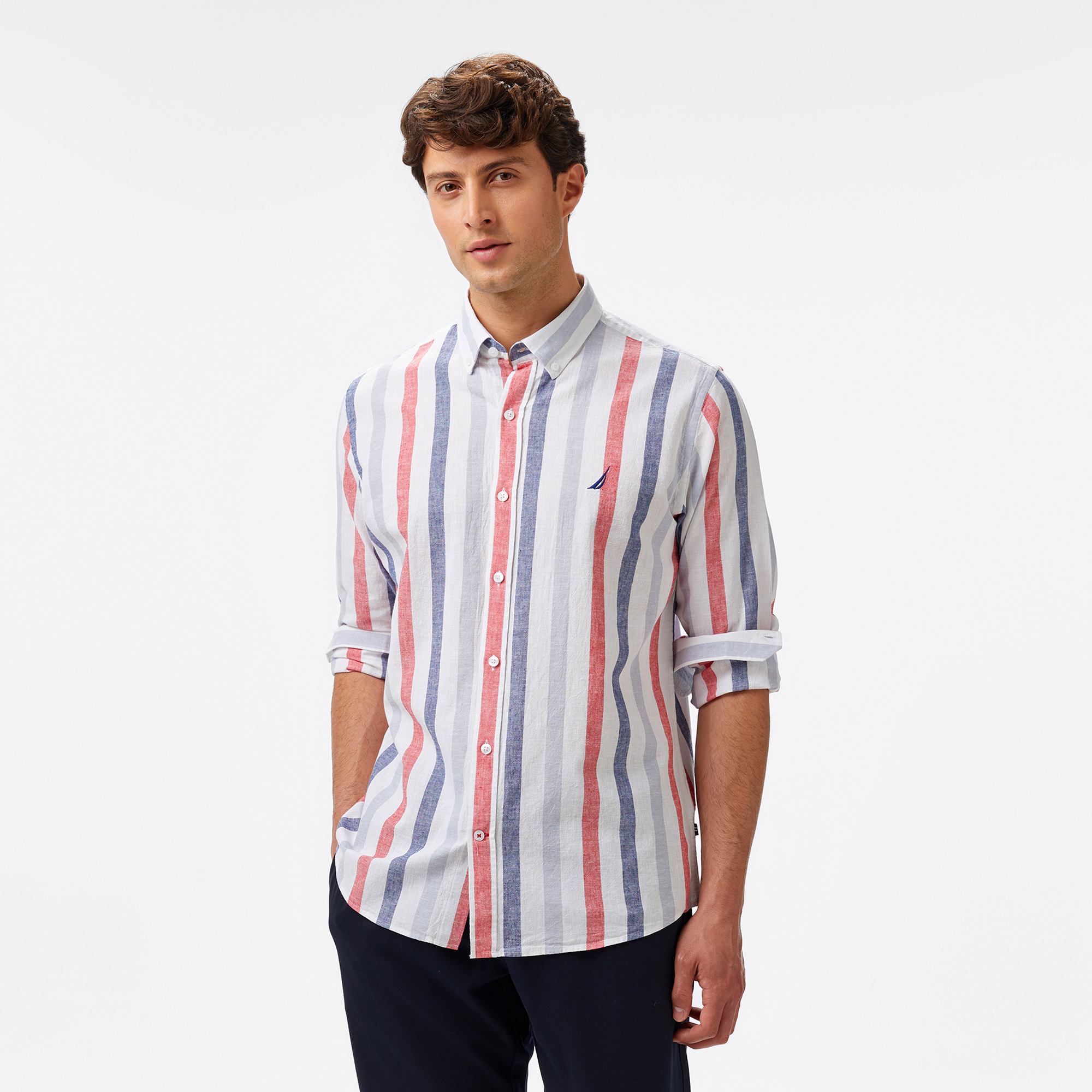  Nautica Erkek Kırmızı Classic Fit Çizgili Gömlek