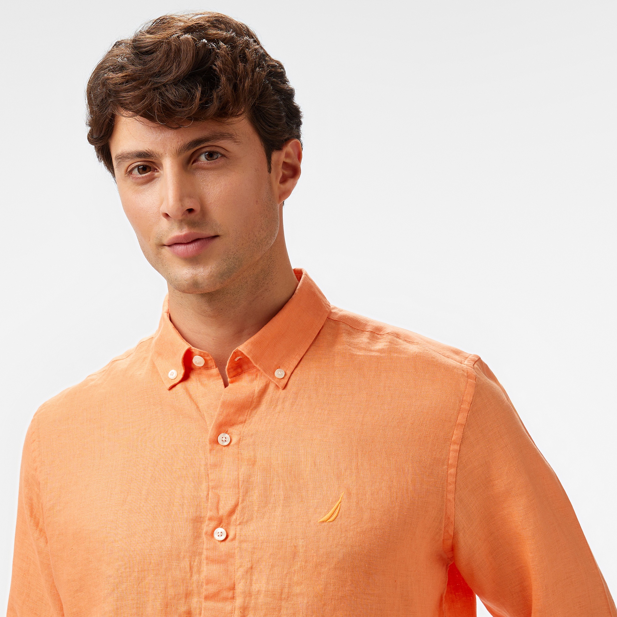 Nautica Erkek Turuncu Classic Fit Keten Gömlek