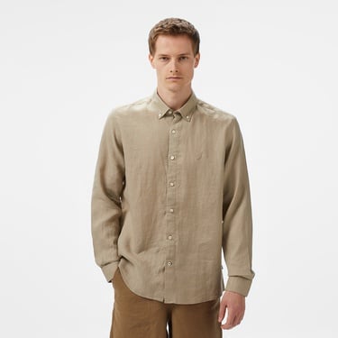  Nautica Erkek Bej Classic Fit Keten Gömlek