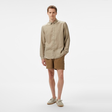  Nautica Erkek Bej Classic Fit Keten Gömlek