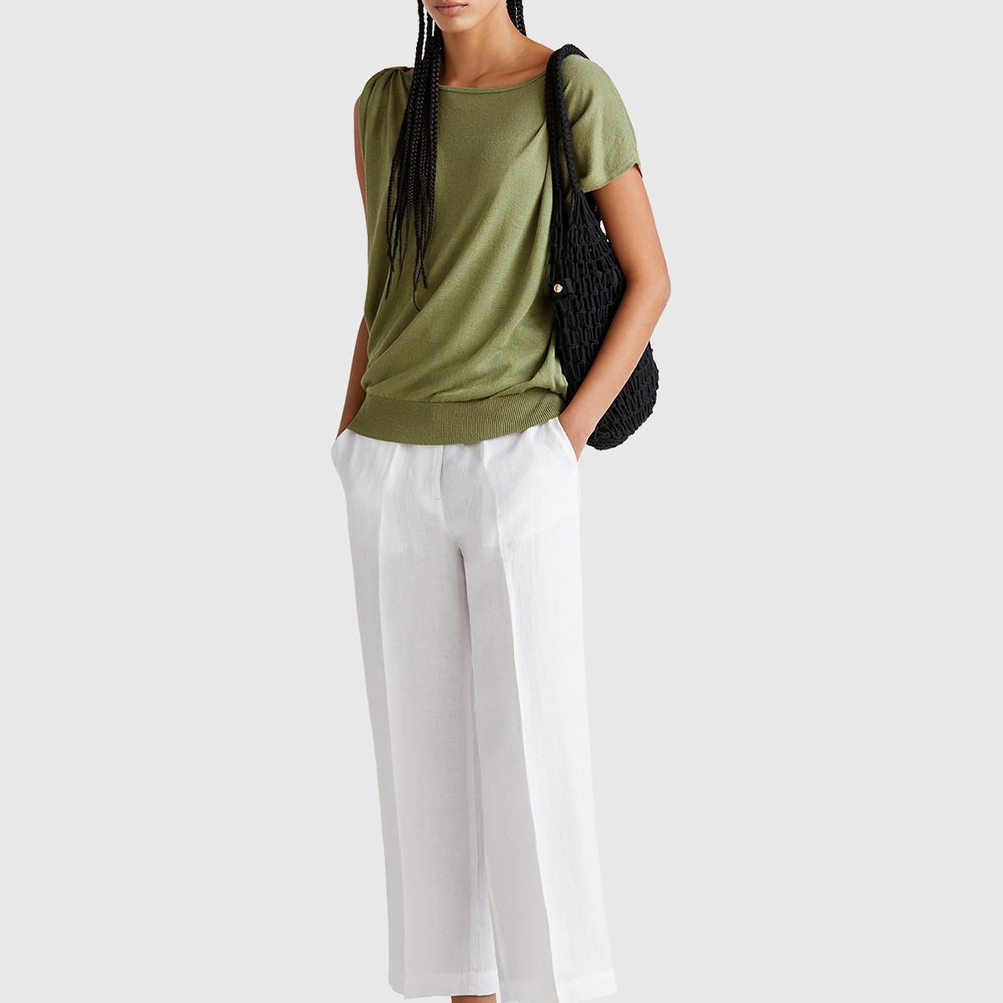 Kadın Adaçayı yeşili Keten Karışımlı Asimetrik Kolsuz Kazak