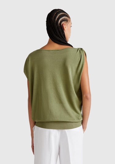  Kadın Adaçayı yeşili Keten Karışımlı Asimetrik Kolsuz Kazak