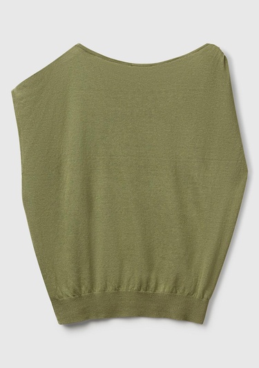  Kadın Adaçayı yeşili Keten Karışımlı Asimetrik Kolsuz Kazak