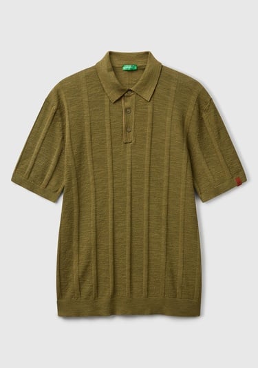  Erkek Haki Keten Karışımlı Kontrastlı Düğmeli Regular Fit Polo Yaka Kazak