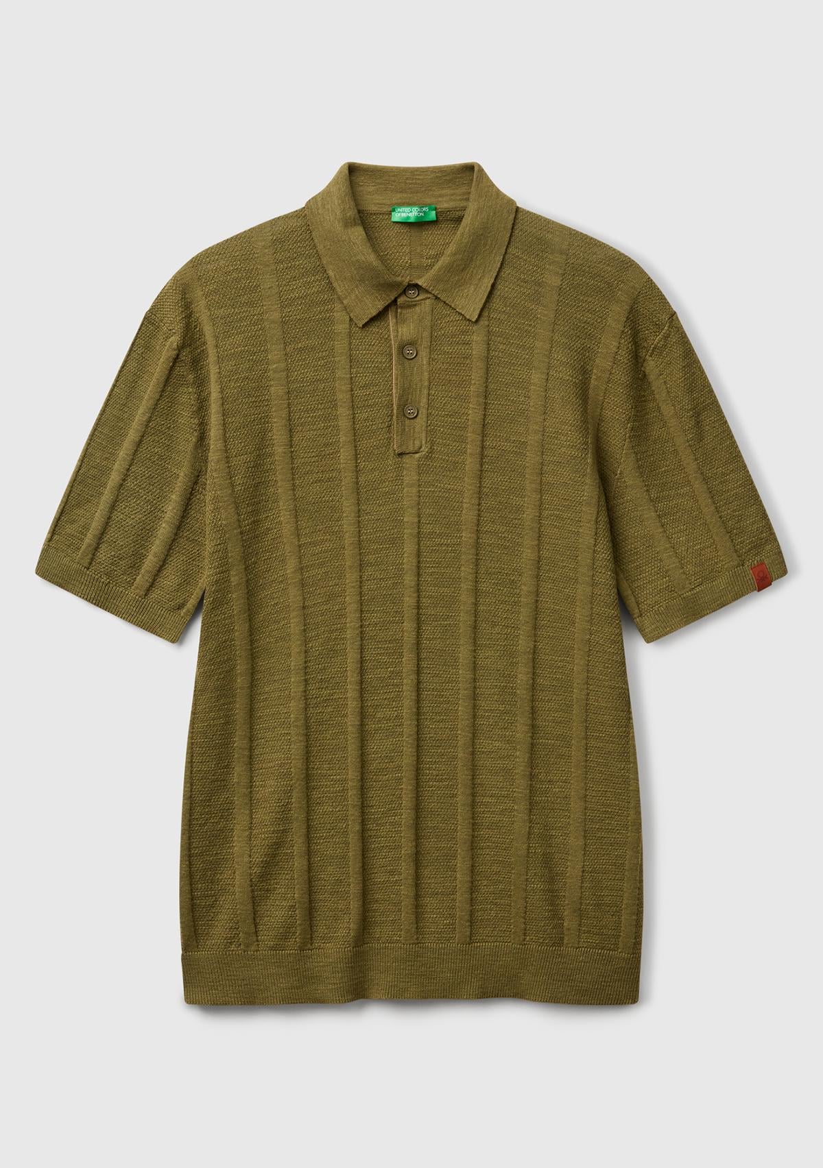  Erkek Haki Keten Karışımlı Kontrastlı Düğmeli Regular Fit Polo Yaka Kazak