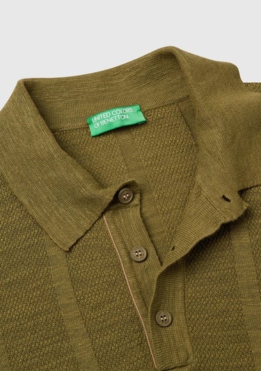  Erkek Haki Keten Karışımlı Kontrastlı Düğmeli Regular Fit Polo Yaka Kazak