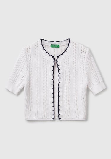  Kadın Beyaz %100 Koton Slim Fit Kısa Kollu Hırka