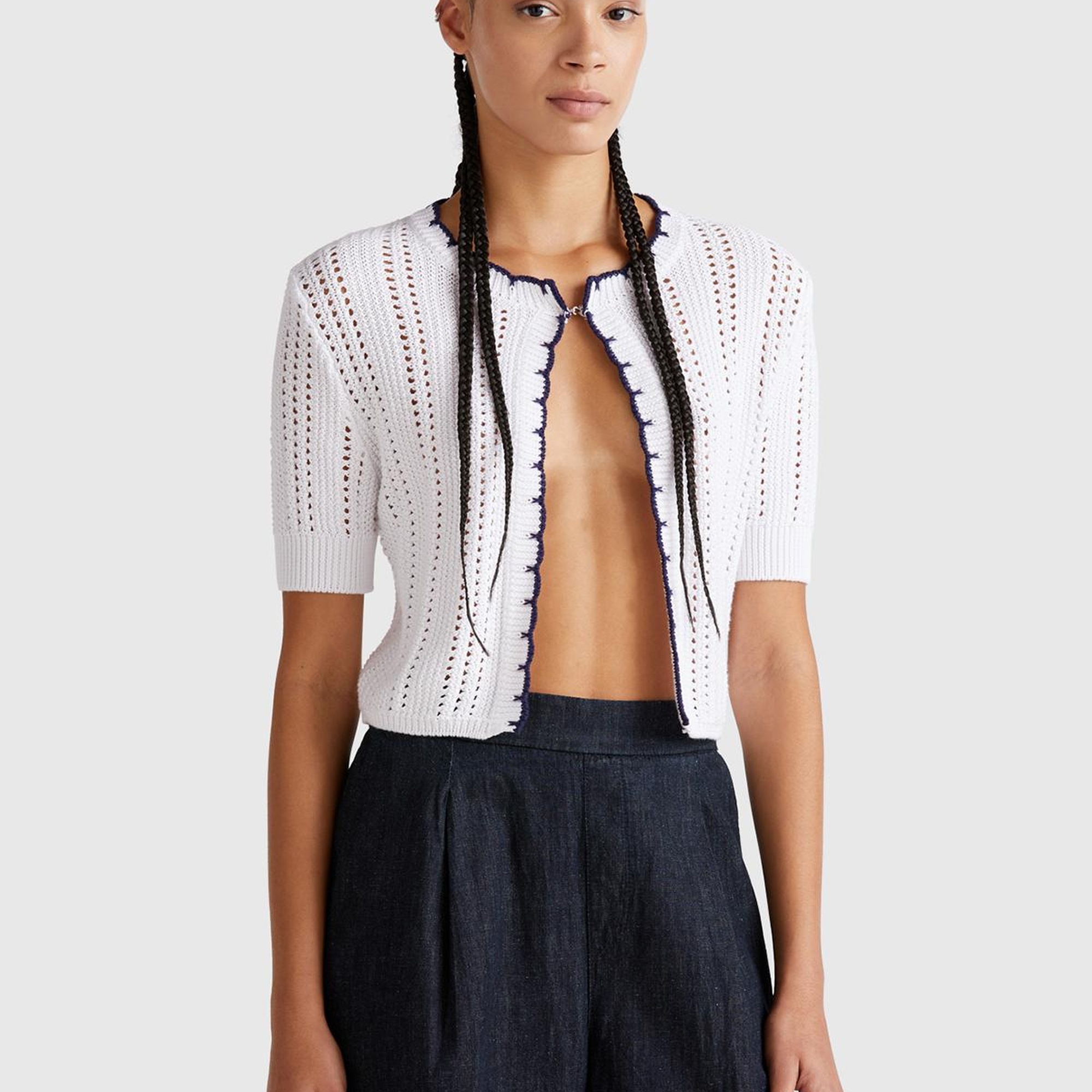 Kadın Beyaz %100 Koton Slim Fit Kısa Kollu Hırka