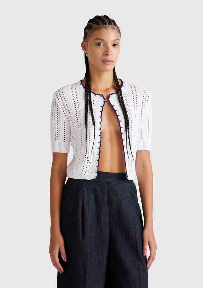  Kadın Beyaz %100 Koton Slim Fit Kısa Kollu Hırka