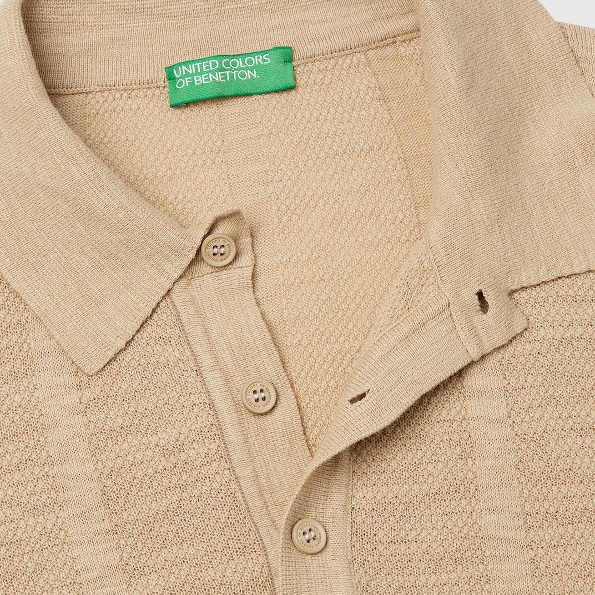 Erkek Bej Keten Karışımlı Kontrastlı Düğmeli Regular Fit Polo Yaka Kazak