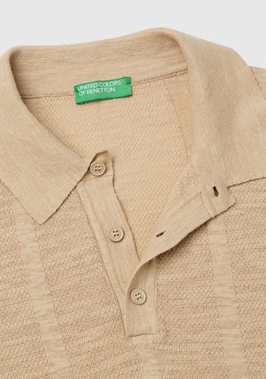  Erkek Bej Keten Karışımlı Kontrastlı Düğmeli Regular Fit Polo Yaka Kazak