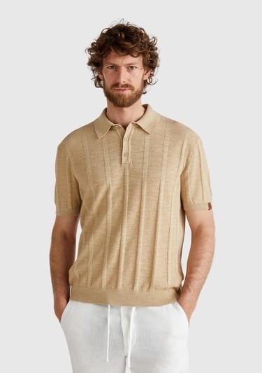  Erkek Bej Keten Karışımlı Kontrastlı Düğmeli Regular Fit Polo Yaka Kazak