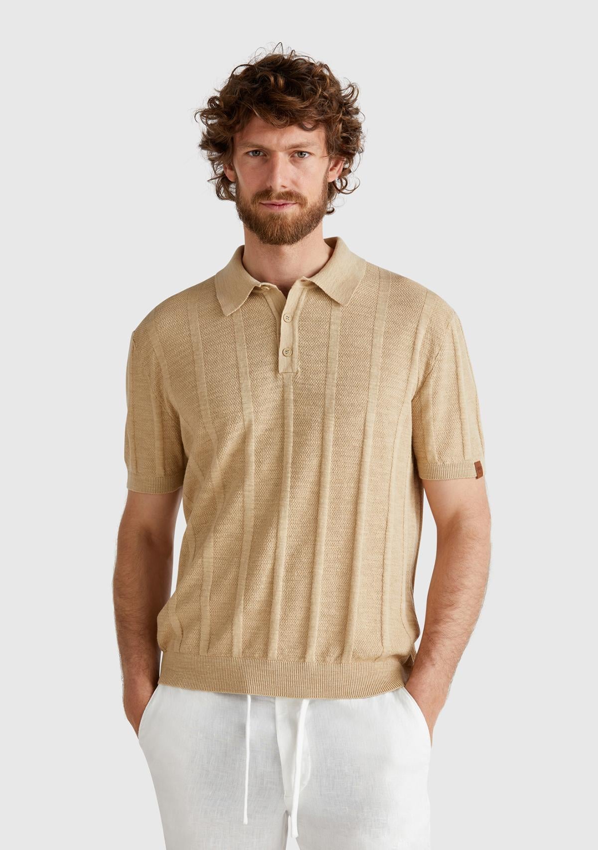  Erkek Bej Keten Karışımlı Kontrastlı Düğmeli Regular Fit Polo Yaka Kazak