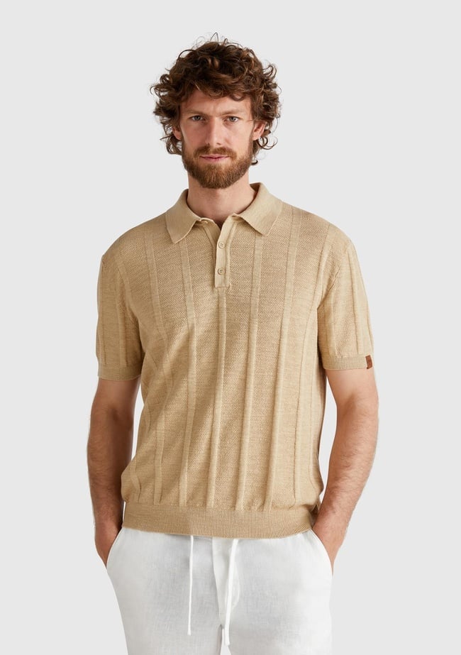  Erkek Bej Keten Karışımlı Kontrastlı Düğmeli Regular Fit Polo Yaka Kazak