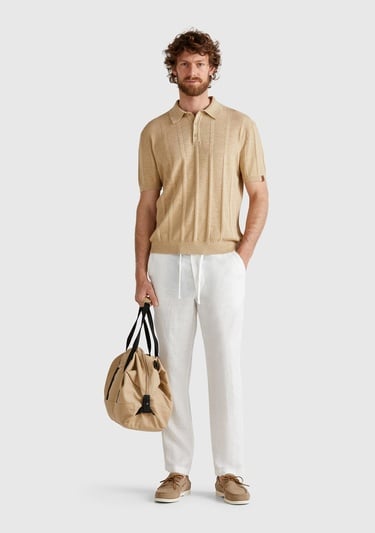  Erkek Bej Keten Karışımlı Kontrastlı Düğmeli Regular Fit Polo Yaka Kazak