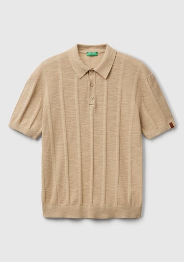  Erkek Bej Keten Karışımlı Kontrastlı Düğmeli Regular Fit Polo Yaka Kazak