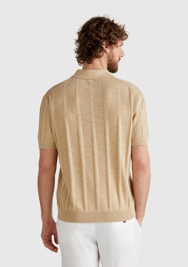  Erkek Bej Keten Karışımlı Kontrastlı Düğmeli Regular Fit Polo Yaka Kazak