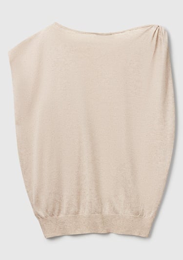  Kadın Taş Rengi Keten Karışımlı Asimetrik Kolsuz Kazak