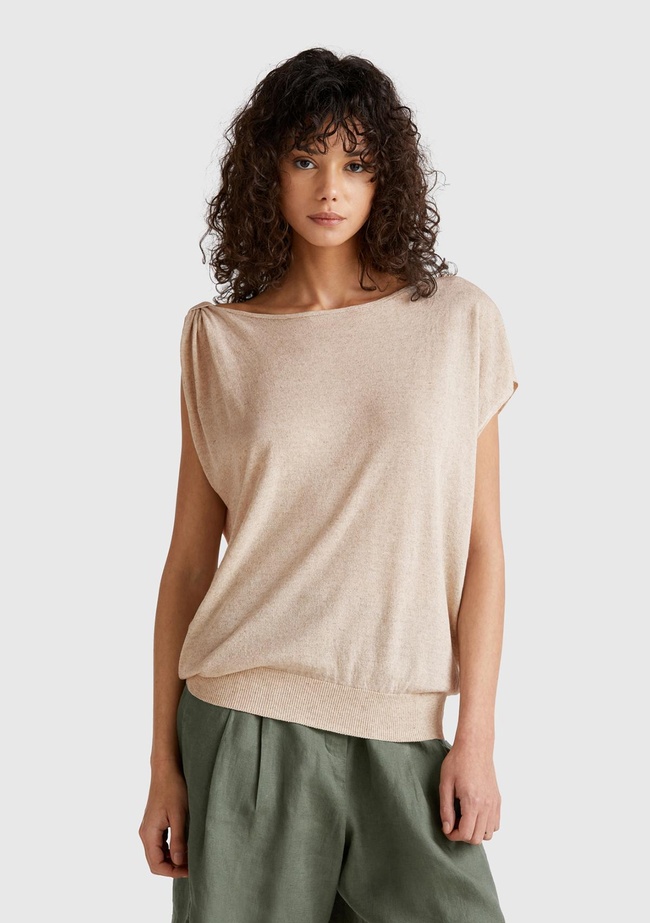  Kadın Taş Rengi Keten Karışımlı Asimetrik Kolsuz Kazak