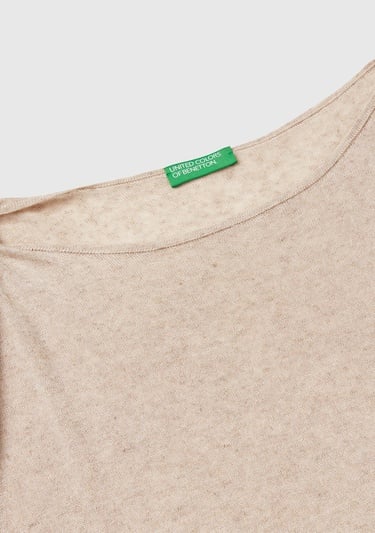  Kadın Taş Rengi Keten Karışımlı Asimetrik Kolsuz Kazak