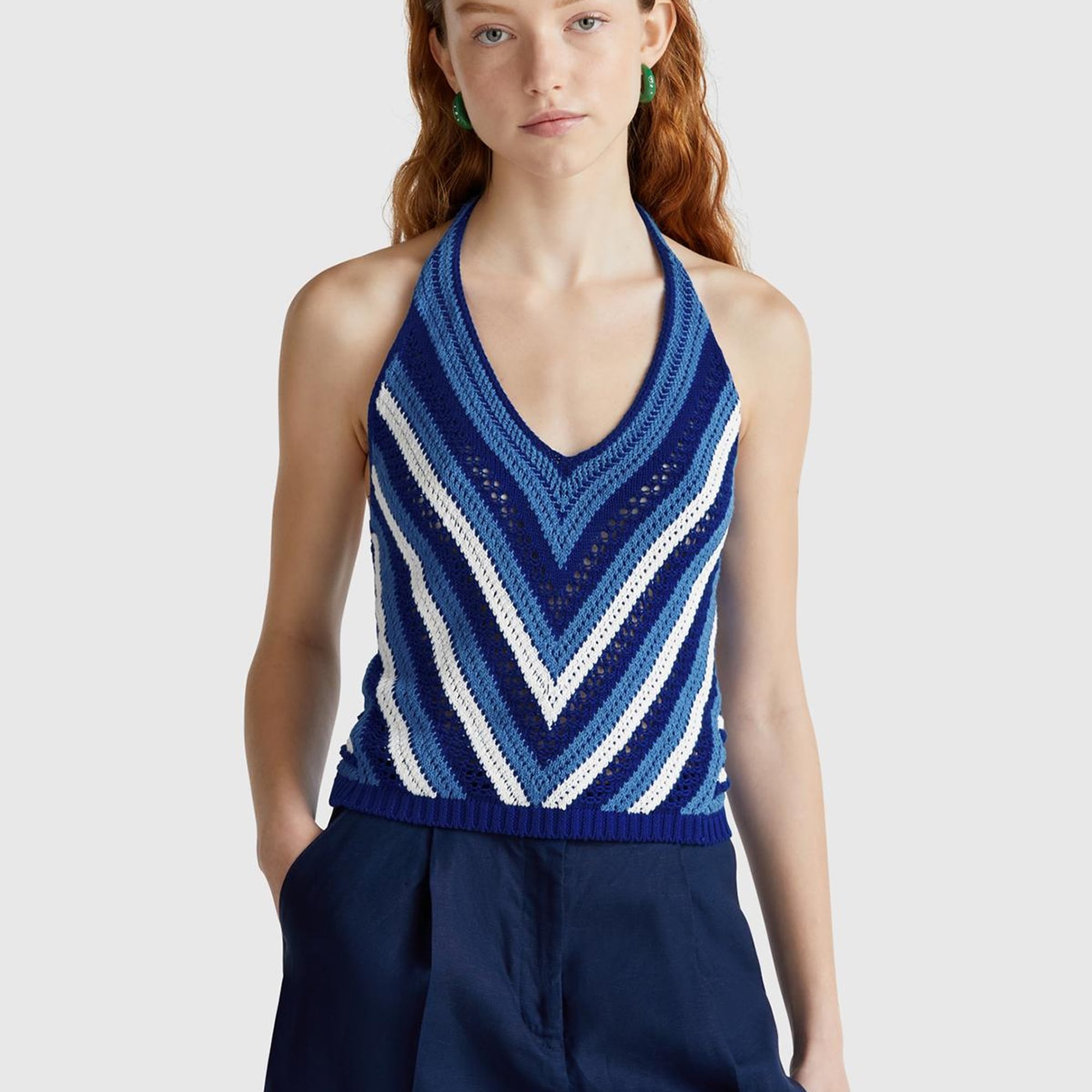 Kadın Mavi Koton Karışımlı Halter Yaka Boyundan Bağlamalı Triko Atlet