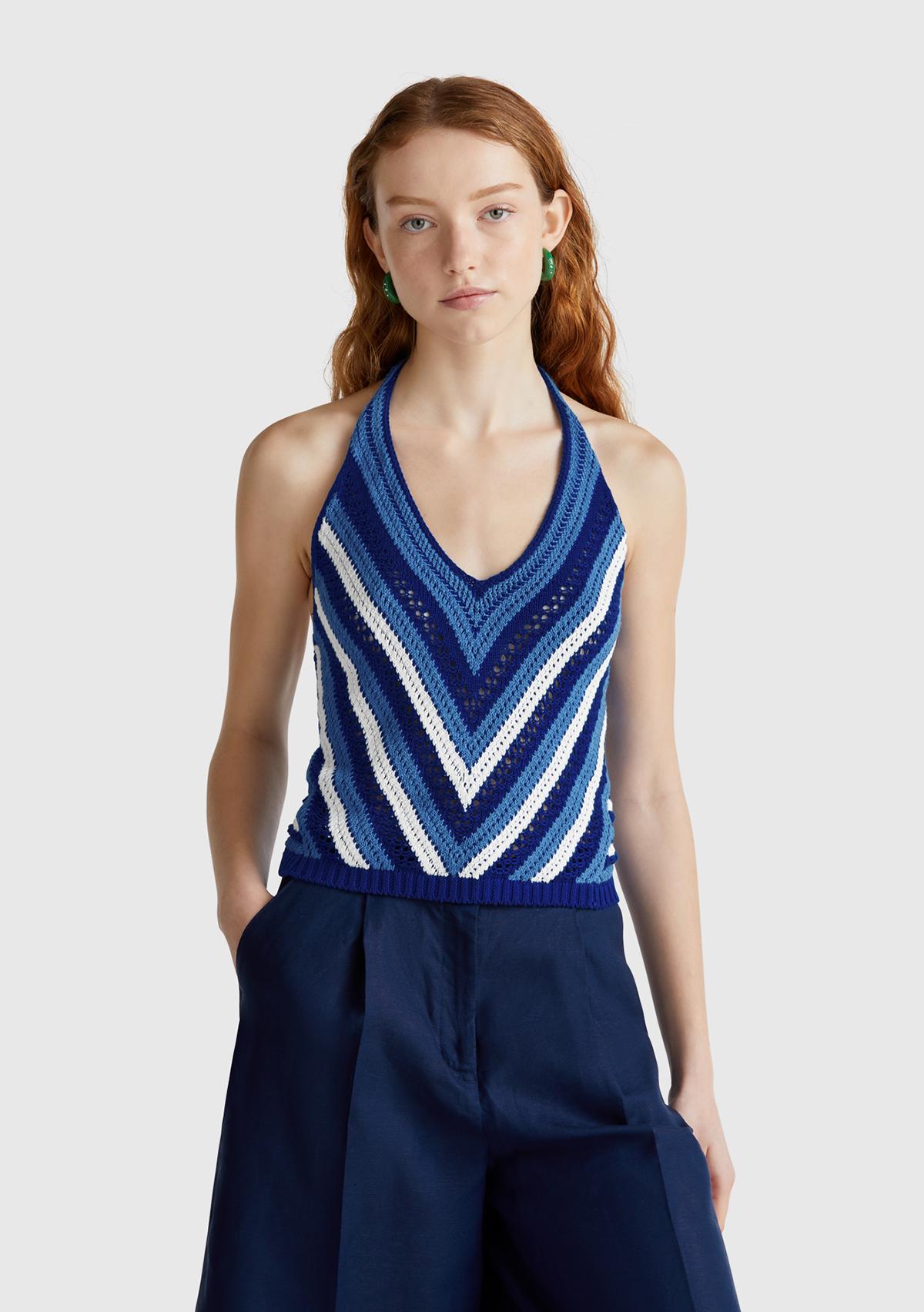  Kadın Mavi Koton Karışımlı Halter Yaka Boyundan Bağlamalı Triko Atlet