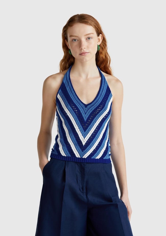  Kadın Mavi Koton Karışımlı Halter Yaka Boyundan Bağlamalı Triko Atlet