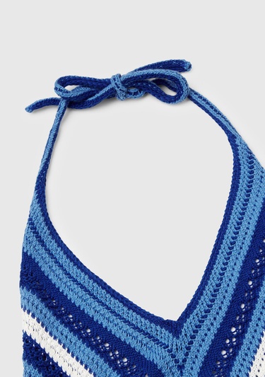  Kadın Mavi Koton Karışımlı Halter Yaka Boyundan Bağlamalı Triko Atlet